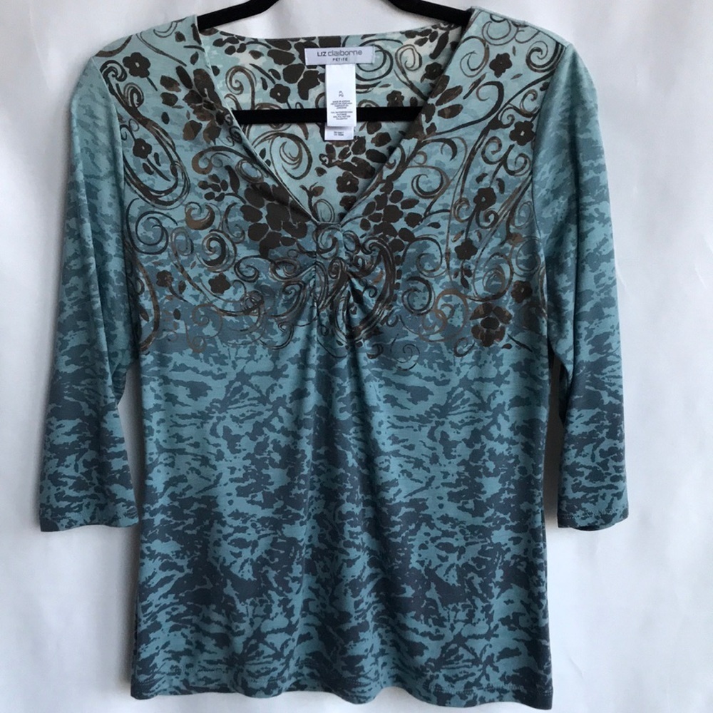Liz Claiborne Petite blue-green and brown V-neck 3/4-sleeve top, size PL